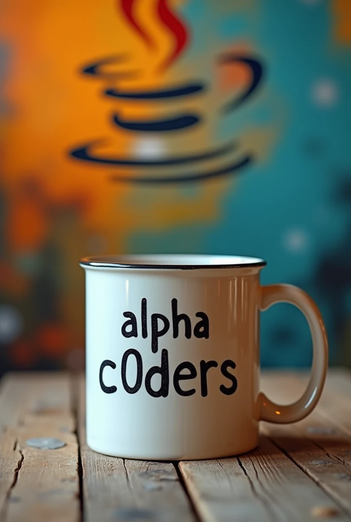 Coffee mug with a youthful design, with an engraving that says "alpha C0ders", which reflects youth, intelligence, perseverance, courage. In the background a wall with a large painting with the logo of the JavaScript programming language