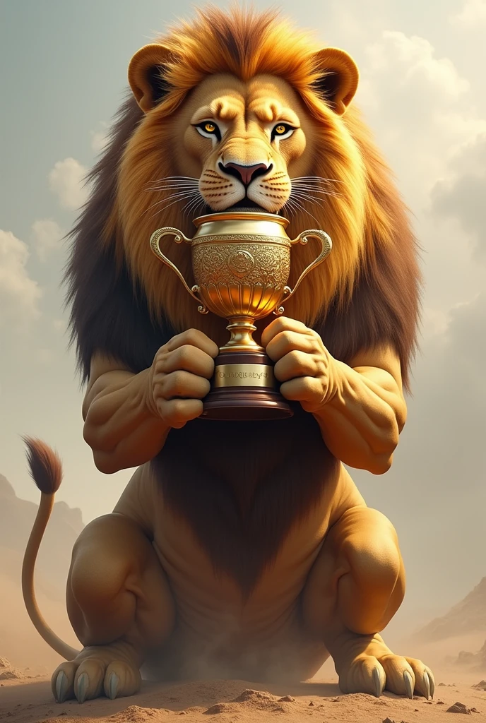 A lion holding a trophy
