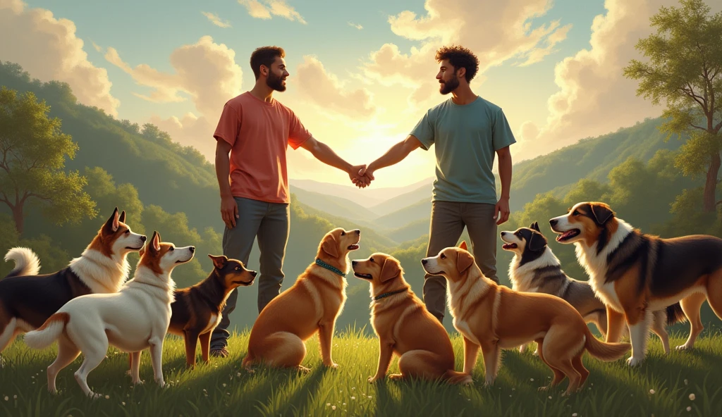 I want a reinterpretation of the painting "Creation of Adam" where the characters are current people, can be a man with light brown hair and fair skin, the other also a man with dark skin and black hair. Around the characters there are several dogs of different breeds.
In the image they must be wearing comfortable clothes and looking friendly where one is helping the other.. Dogs can be of different breeds with happy and playful appearance.
Landscape image format.