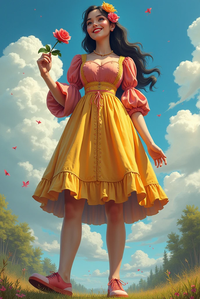 A huge giant girl wearing cheerful clothes holding a small rose as humans do, realistic, true to life, high resolution details, full picture like life