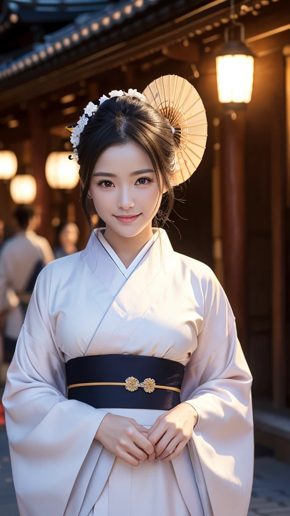 (Super beautiful woman in kimono)、((highest quality、8K masterpiece:1.3))、sharp focus:1.2、(super beautiful face:1.0)、(shiny skin:1.0)、realistic pictures、black hair、video lighting、High resolution eyes and face、video lighting、japanese actress、from the front、with a happy smile、whole body、wearing a kimono、in Kyoto、(luxury obi)、with a fan、Fireworks Display