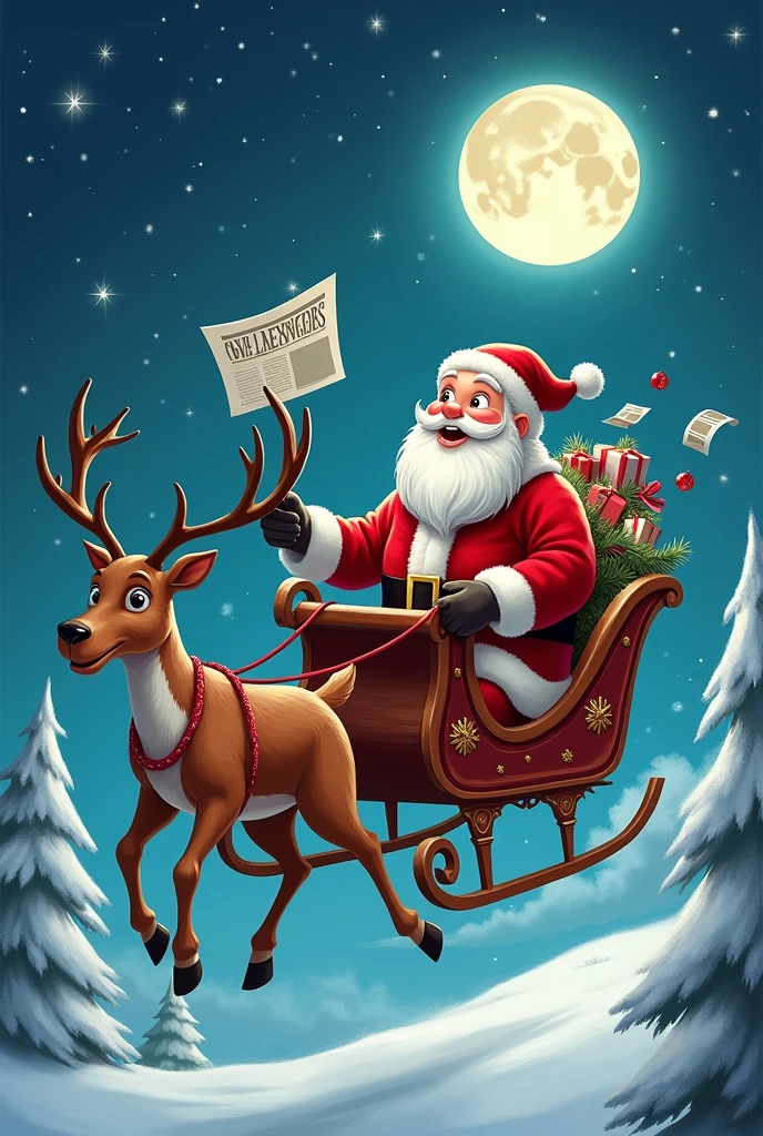 Santa Claus on his sleigh delivering newspapers