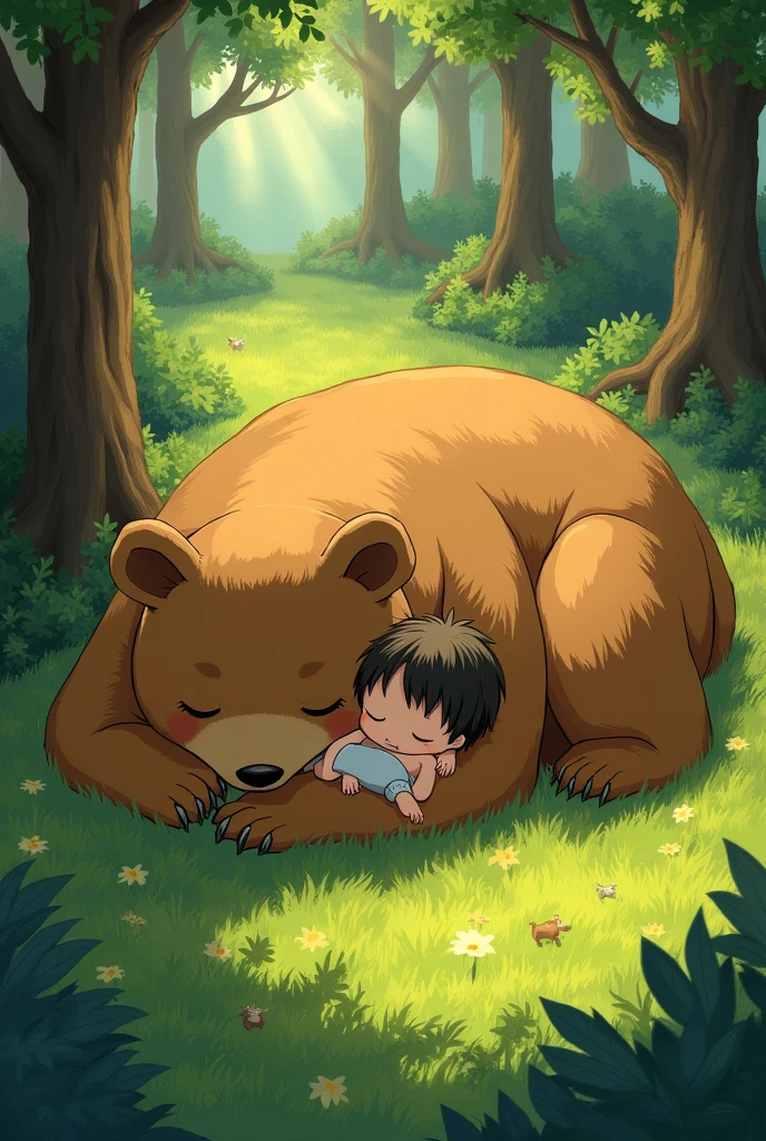 a sleeping on the belly of a giant brown bear, studio Ghibli anime style, super detailed, forest, lush green grass, tree shades, vibrant color, sun ray, top-down view