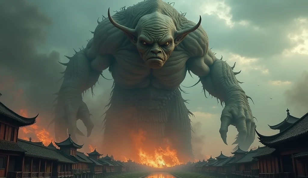 Top quality, masterpiece, huge goblin, sky background of old oriental small town, red monster, burning town, detailed image texture, creepy, horror, creepy atmosphere (not AI image), cloudy weather, low color image, creepy, image from a distance, delicate skin expression, wrinkled skin, wearing complex armor.