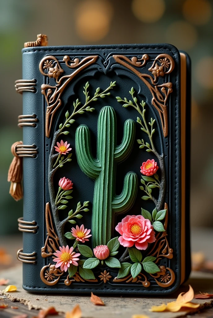 Vintage black diary with 3D small flowers and tree sides and cactus that a princess will have 
