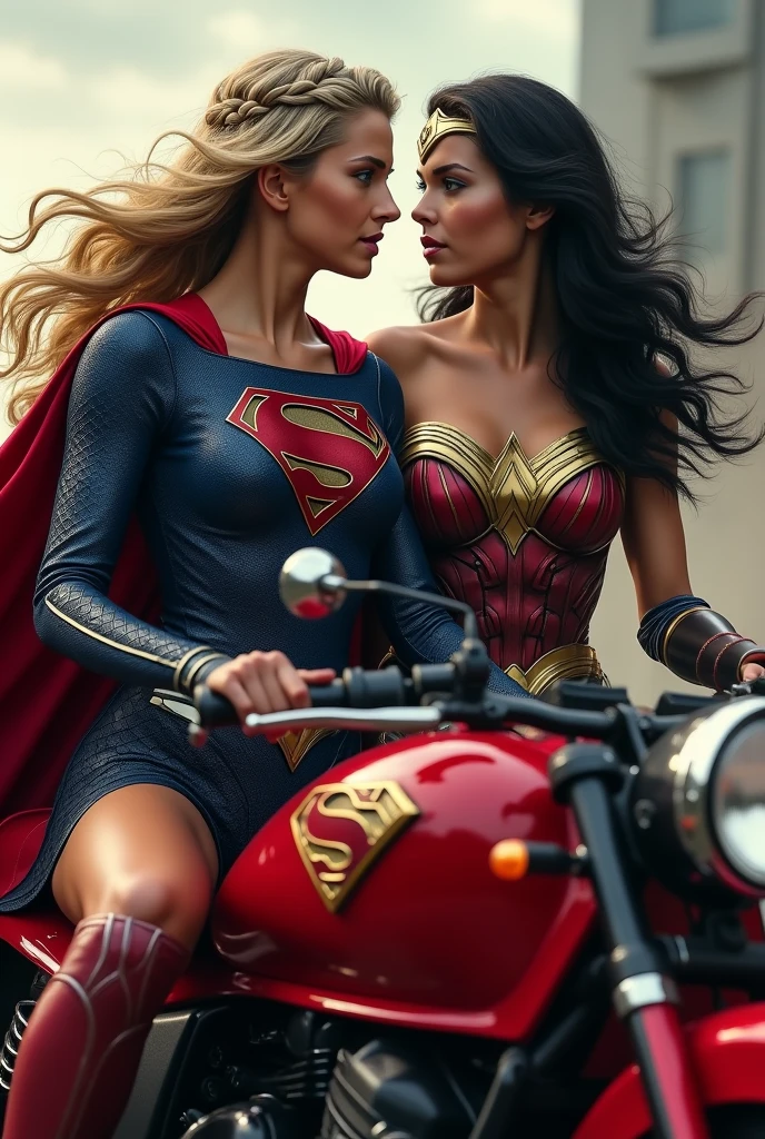 ((From extreme close-up two beautiful blonde Supergirl and black-haired Wonder Woman, one with blonde hair and the other with black hair under the cloak of the Kryptonian Kara Zor-El alias Supergirl wearing a navy blue leather jumpsuit with scales covering her neck,torso and forearms))),(((Red corset in armor))),(((Long red boots up to her knees))),(((Riding a big red futuristic high displacement motorcycle Superman logos on the bike))),(((Blonde hair tied back in a braided ponytail))),(((Ten-foot-long hair blowing in the wind))),(((without cape)))