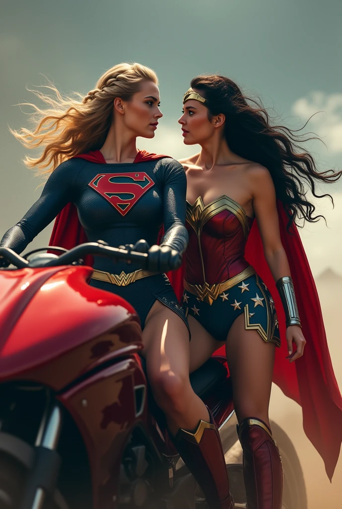 ((From extreme close-up two beautiful blonde Supergirl and black-haired Wonder Woman, one with blonde hair and the other with black hair under the cloak of the Kryptonian Kara Zor-El alias Supergirl wearing a navy blue leather jumpsuit with scales covering her neck,torso and forearms))),(((Red corset in armor))),(((Long red boots up to her knees))),(((Riding a big red futuristic high displacement motorcycle Superman logos on the bike))),(((Blonde hair tied back in a braided ponytail))),(((Ten-foot-long hair blowing in the wind))),(((without cape)))