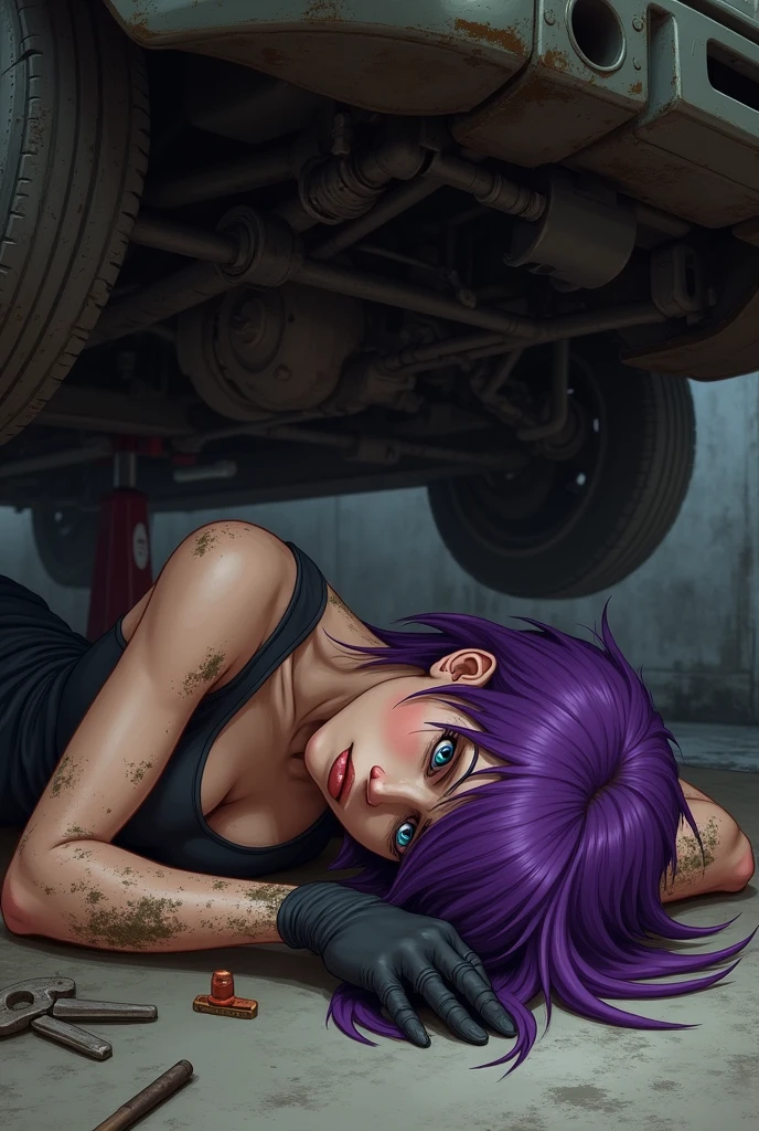 A person with purple hair lies on the ground underneath a vehicle, working on a mechanical component. Their arms and skin are covered in grease and dirt, indicating hands-on labor. They wear a sleeveless top and black gloves, showing focused determination in their expression. Tools are visible nearby, along with a jack supporting the vehicle. The environment appears dimly lit, enhancing the gritty atmosphere of the task.