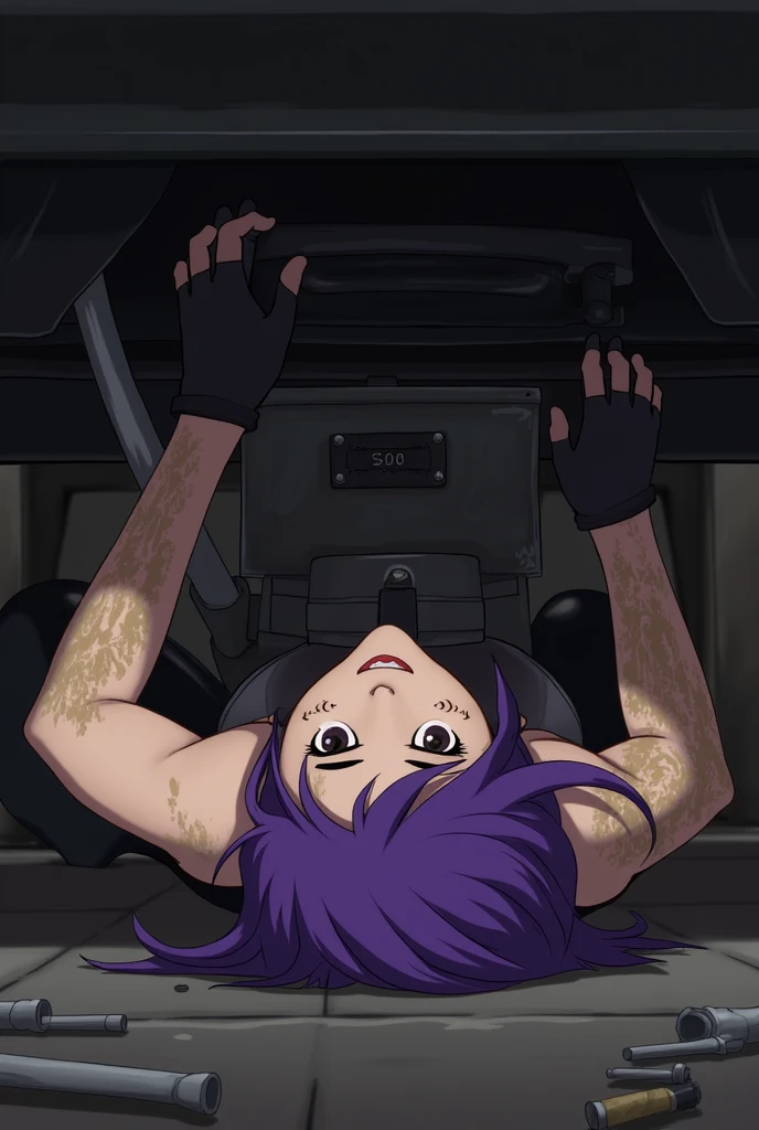 A person with purple hair lies on the ground underneath a vehicle, working on a mechanical component. Their arms and skin are covered in grease and dirt, indicating hands-on labor. They wear a sleeveless top and black gloves, showing focused determination in their expression. Tools are visible nearby, along with a jack supporting the vehicle. The environment appears dimly lit, enhancing the gritty atmosphere of the task.