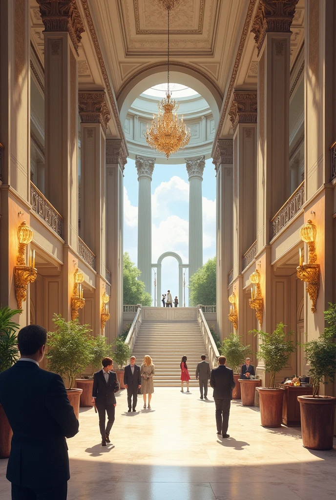 a landscape drawing of a luxury hotel lobby reception