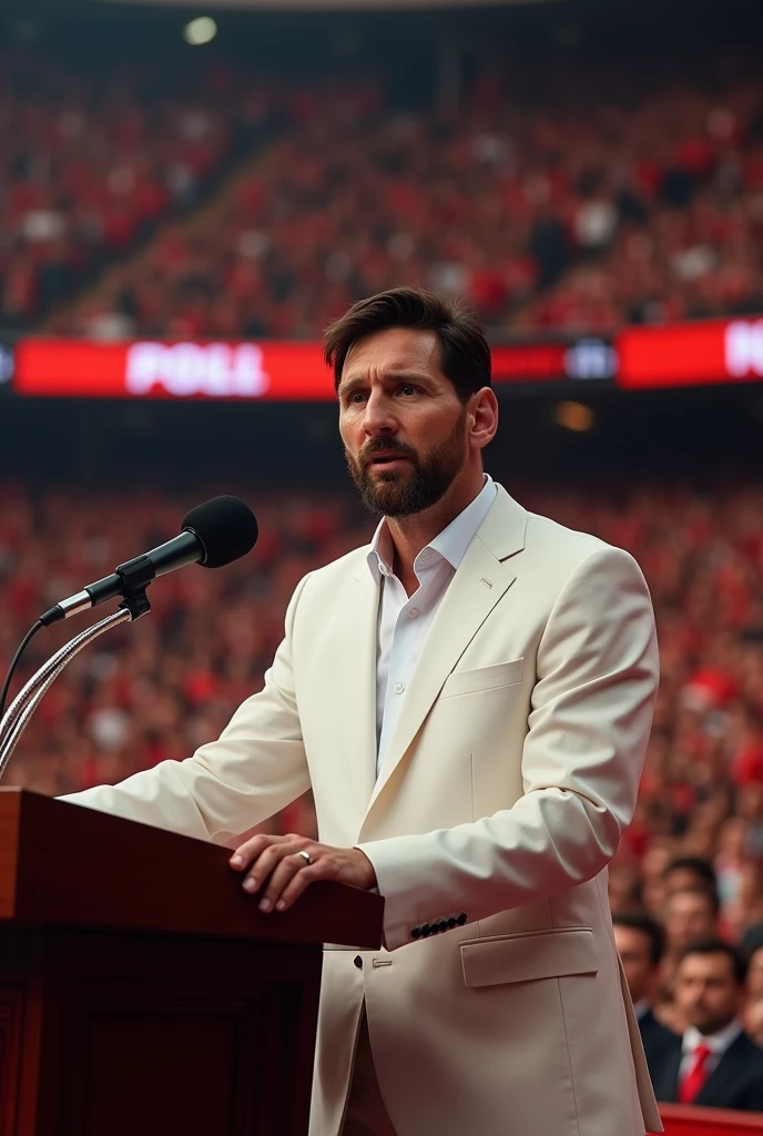 Messi is a political party leader. Messi is speaking in front of a crowd at a political conference wearing white dress.messi's face must be in front of camera