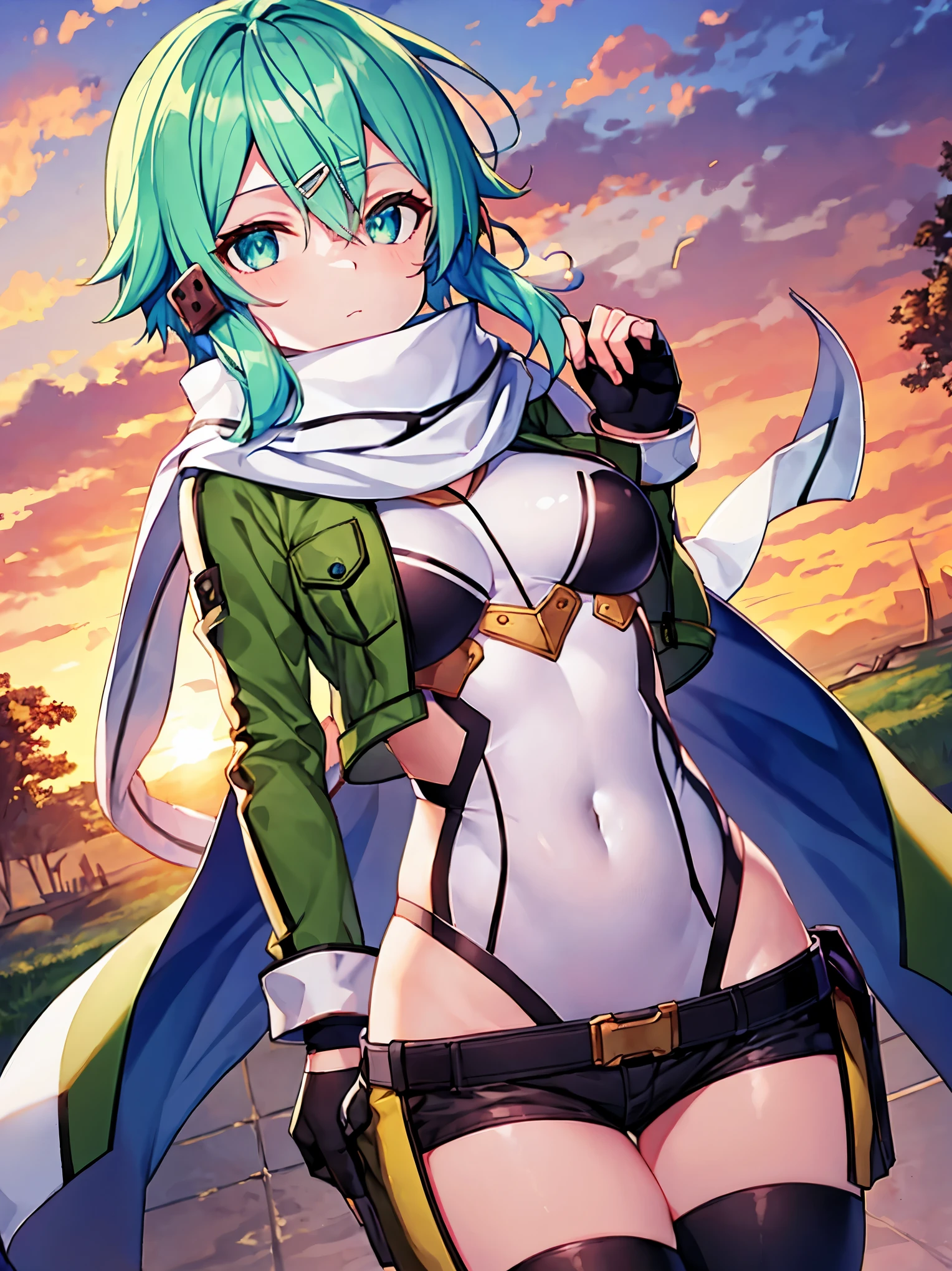 (masterpiece), best quality, expressive eyes, perfect face, highres, sinon1, scarf, fingerless gloves, long sleeves, short shorts,groin, hair ornament, hairclip, green thighhighs, green jacket,covered_nipples, thigh strap, field, sunset_ruins_landscape_background, ruined structures, dynamic_posing, looking at the viewer,,covered_navel,