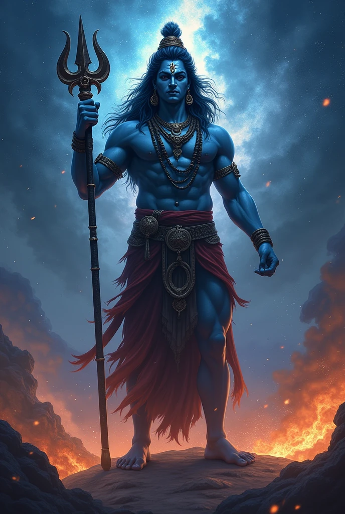 Angry Lord Shiva holding his trishul at night full of stars flames in background