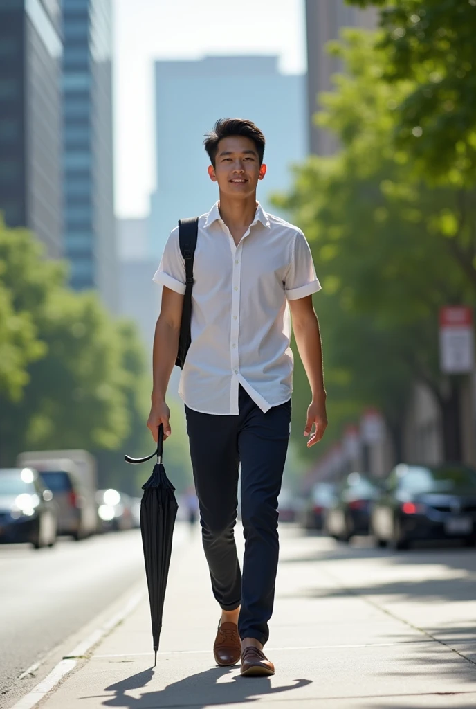 Realistic photography,Full body front view,A young Asian man walking with an umbrella,Wearing trendy summer clothes,Wearing leather shoes。
