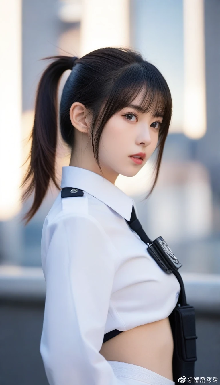 8k, Ultra-high resolution, Highest quality, masterpiece, 三分割法によるphotograph,Surreal, photograph, 1 , (:1.3), cute, cute顔, 細部までBeautiful Eyes, 細かくdetailedに,masterpiece,One Girl:1.2,Japanese women,Policewoman,upper body,glaring,Black short hair,High ponytail,ID photo,(Police officer of the future:1.3),cyber punk,Future City,white collar,((Fusion of humans and androids))(Beautiful attention to detail),Subtle details, detailedな顔,anger,Attractive eyes,(ポートレートphotograph:1.4),(Photorealistic images:1.4),Fantasy art,(Beautiful Face:1.4),美しくAttractive eyes、Beautiful Eyes,Silver residue,(Tight waist:1.4)、(Beautiful with perfect body proportions:1.4),Pink Lips,profile,(((Ideal body type))),A-cup small breasts :2,、Portraiture:2、Perfect Anatomy、鮮明なdetailed、detailed,Fashion magazine cover,Thin lips,完璧でBeautiful Face ,完璧でcute顔, Skin with attention to detail, Perfect limbs、Narrow waist,Surreal,Light and shadow,spotlight