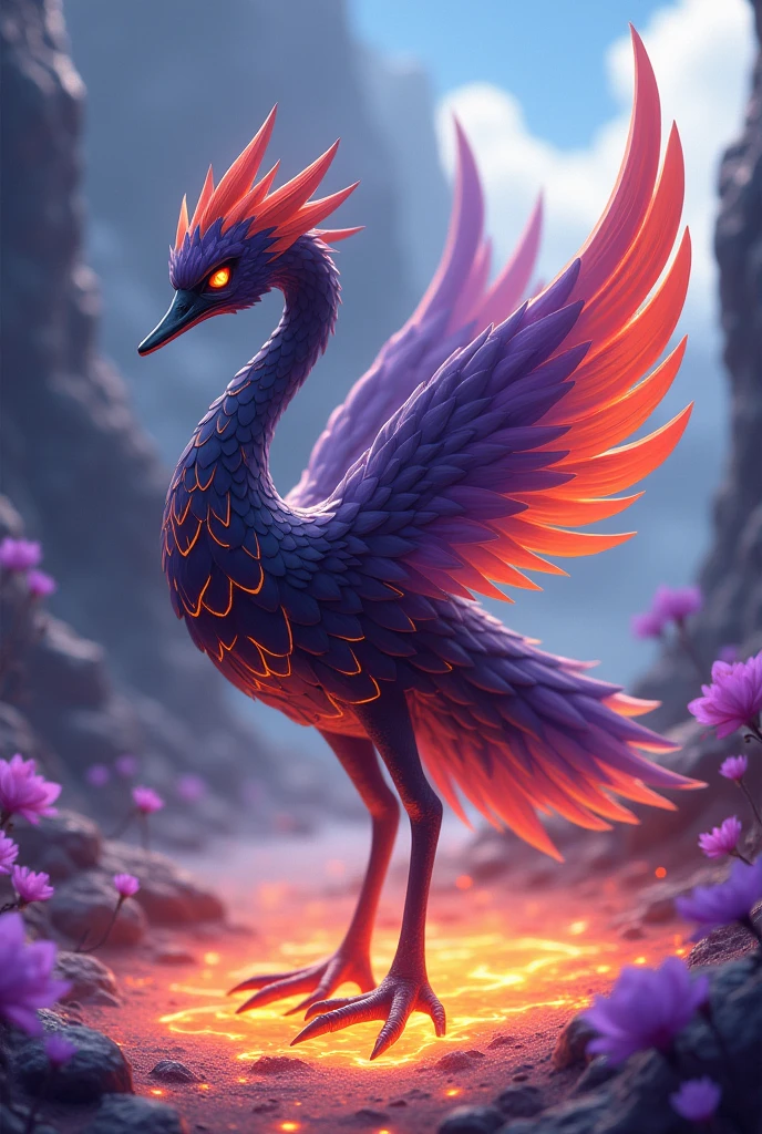 create an anime style pokemon, electric type, fire and fairy, inspired by a black swan, with purple and orange colors, elegant and powerful, Located on a lava lake with rocky areas and purple flowers, Digital art, key visual anime y pokemon