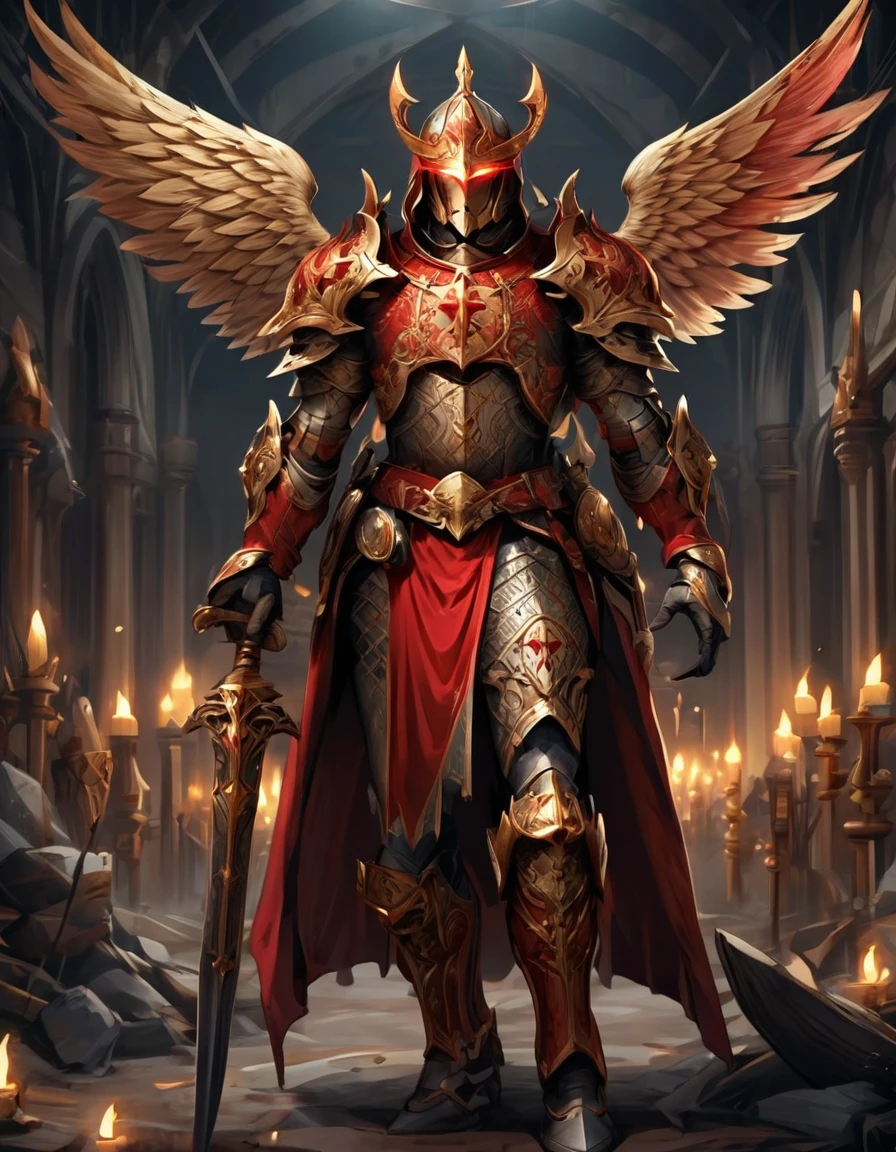 ((Gold crosses)), ((Full body)), ((Female warrior, Female queen, Princess crown, Crown with cross, bishop inspired crown, battle skirt, battle axe, double sided axe)), (Red eyes, white hair), ((Red cardinals inspired armor)), (Princess warrior), ((Iron byzantine lamella armor)), ((Iron Roman catholic church inspired armor)), ((Iron Red intricate details on armor)), ((Iron Cardinals inspired armor)), (First crusade), (Chain mail), (gothic), photorealistic, hyperrealistic, 8k, high quality, cinematic, dramatic lighting, dark fantasy, moody atmosphere, intricate details, ominous, mysterious, grim, menacing, foreboding, eerie, unsettling, somber, haunting, chiaroscuro, dramatic shadows, dramatic highlights