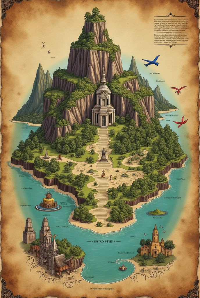 An old drawn treasure map of a large island with a mystical forest with a tree that is a prison next to it then a lake with piranhas and after that a forest of singing trees and at the end a temple with the treasure at the top