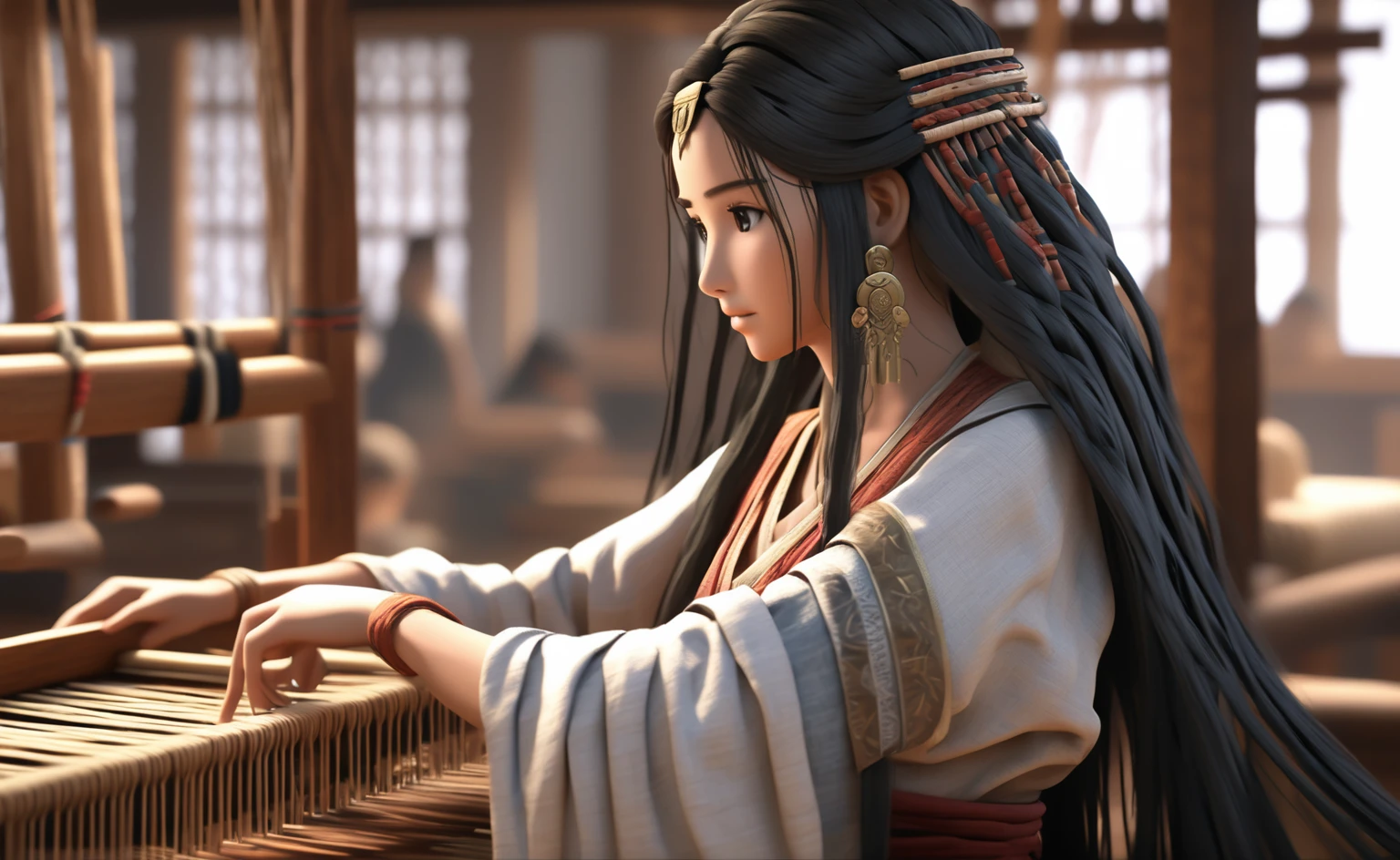 A poor woman working on a loom ,in cloths store,face and eyes on right side, beautifully dressed, in ancient times, 3D, realistic anime character, extremely detailed face and eyes, long flowing hair, intricate details, photorealistic, cinematic lighting, dramatic shadows, high quality, masterpiece,