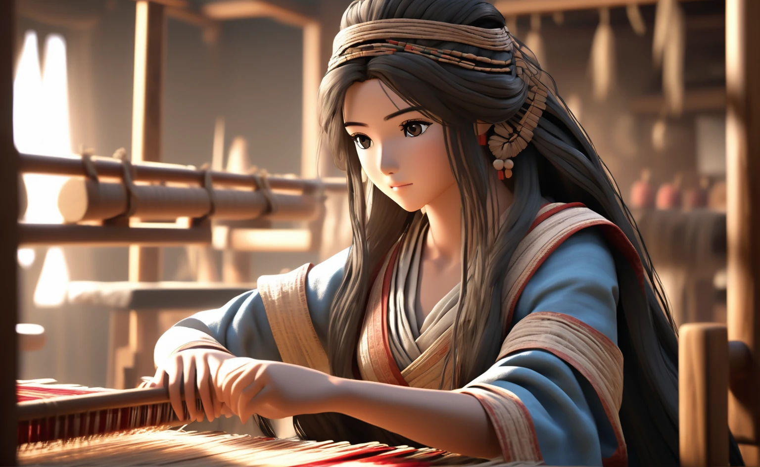 A poor woman working on a loom ,in cloths store,face and eyes on right side, beautifully dressed, in ancient times, 3D, realistic anime character, extremely detailed face and eyes, long flowing hair, intricate details, photorealistic, cinematic lighting, dramatic shadows, high quality, masterpiece,