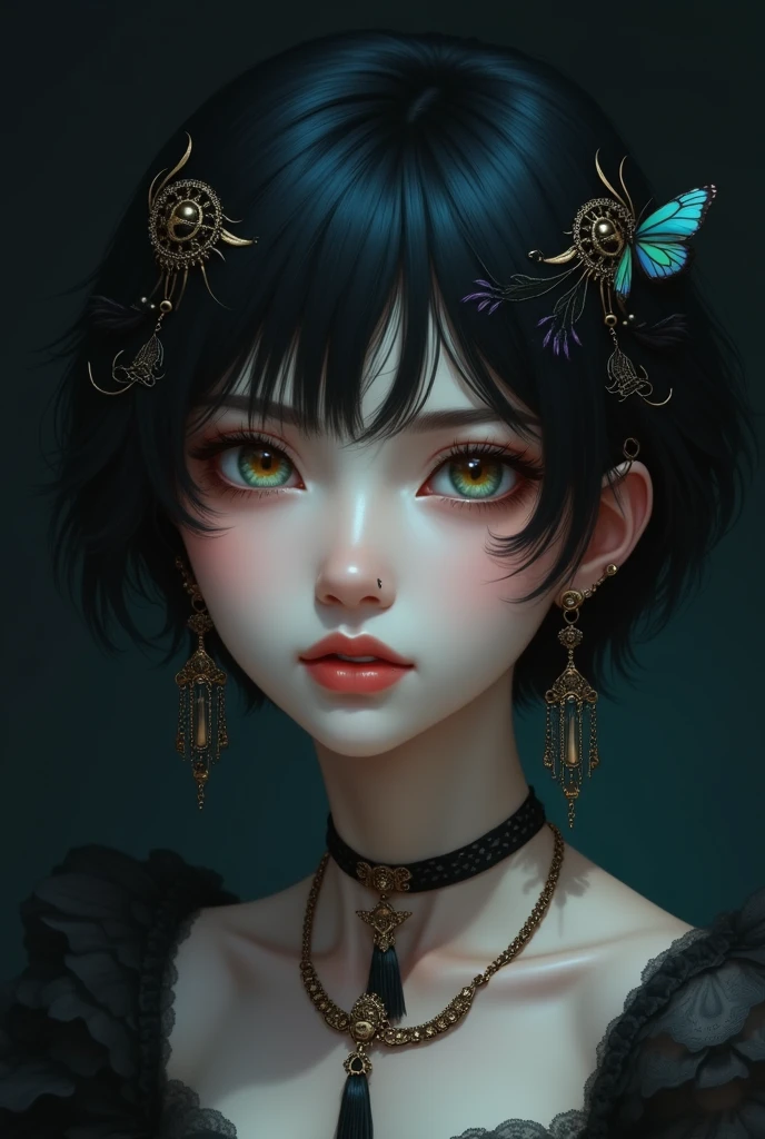 Masterpiece, Male focus, 1 girl, Single, Black hair, tassel Earrings, tassel, jewelry, Earrings, Parted lips, black background, Blue eyes, short hair, insect, Butterfly, Upper body, Hair between the eyes, Multicolored hair,