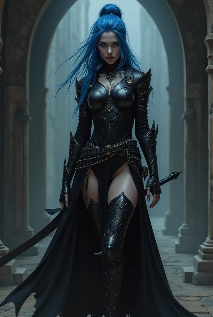 Female dark elf, blue hair, black armor and thigh high boots, tied up