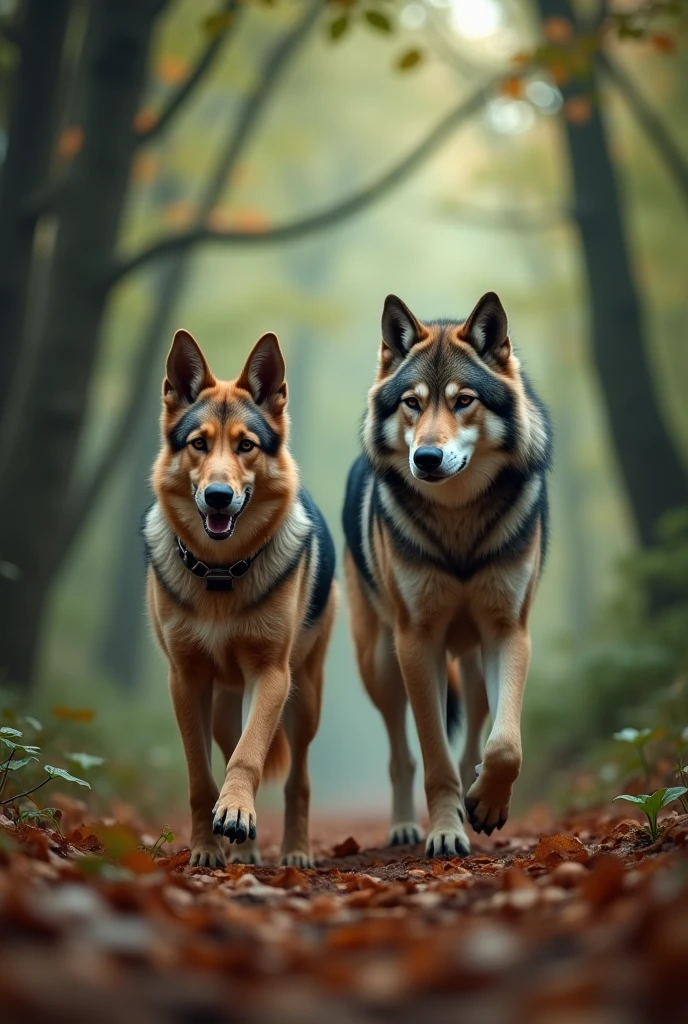 A photo of an old German shepherd and a wolf walking together in a forest. The German shepherd is wearing a collar. The forest has a dense canopy of trees, and the ground is covered with leaves. The background is blurred, showing more trees. The lighting is soft.