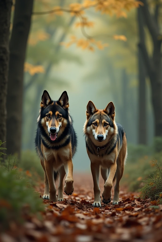 A photo of an old German shepherd and a wolf walking together in a forest. The German shepherd is wearing a collar. The forest has a dense canopy of trees, and the ground is covered with leaves. The background is blurred, showing more trees. The lighting is soft.