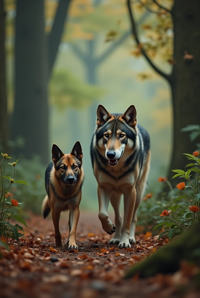 A photo of an old German shepherd and a wolf walking together in a forest. The German shepherd is wearing a collar. The forest has a dense canopy of trees, and the ground is covered with leaves. The background is blurred, showing more trees. The lighting is soft.