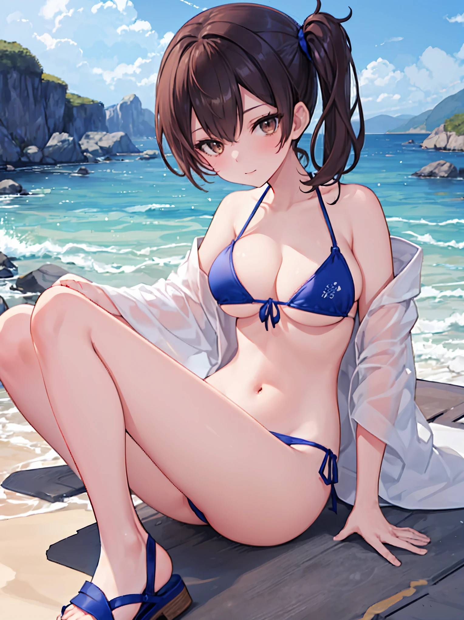 Beautiful illustration、top-quality、Kaga_kantaicollection
brown_hair, Side_Ponytail, brown_Eyes, Short_hair, (big_breasts:1.5) long_hair、Blue Bikini、 coast_landscape,(abs:0.5),navel,solo,(light_smile:0.6),(solo:1.5)。sandals,