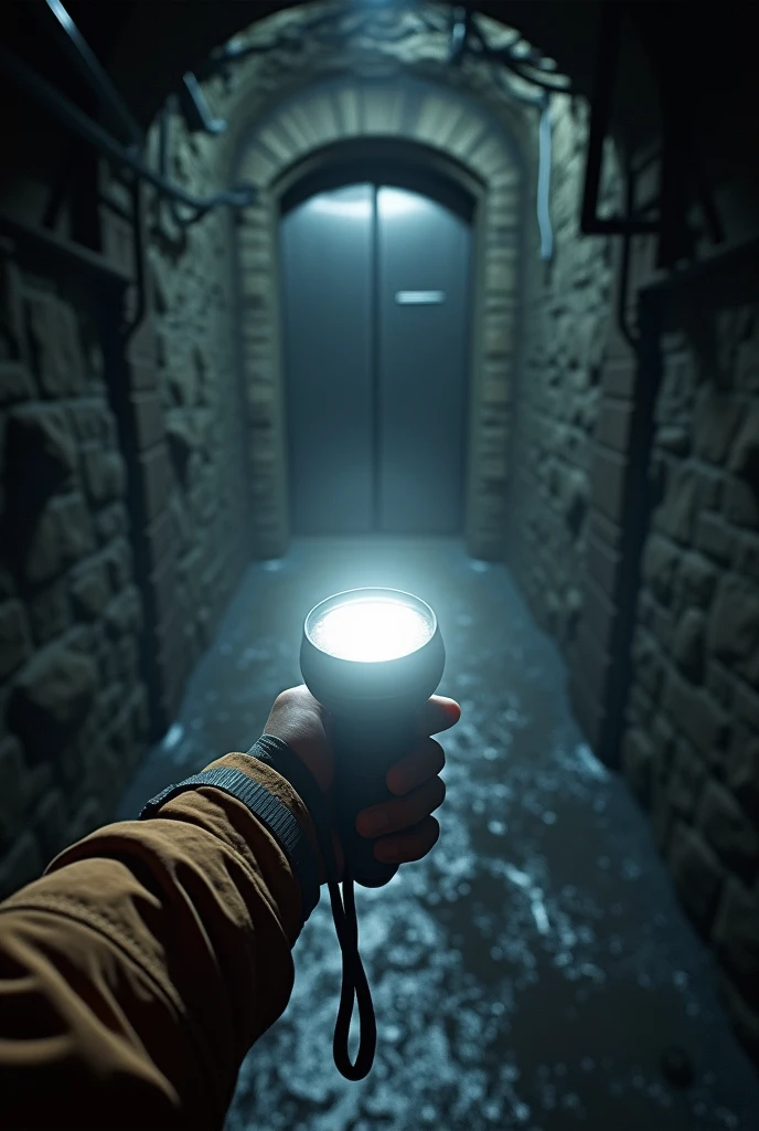 Underground mine first person view showing only one arm holding a white flashlight pointing forward, metal elevator door 