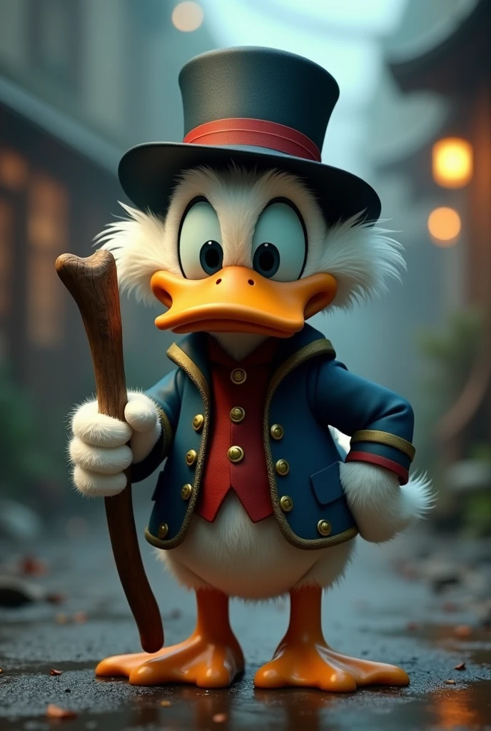 I want two realistic images, ultra HD, cinematic and 3D of a duck holding a stick photo inspired by the character Uncle Scrooge, These images are for the background, one for the lock screen and one for the home screen. I want both to be the same photo, but the one on the home screen is an extension of the lock screen., that is, the one on the lock screen is in a kind of faded format and the one on the home screen is like it's lit up.