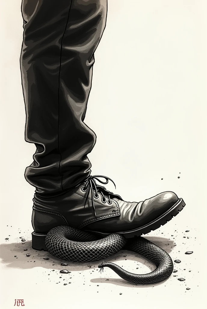 An ink art of a snake being stepped on and dying