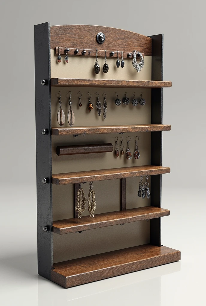 You can create a four-tiered wood and iron jewelry display for earrings with samples and an additional bracelet holder and an industrial touch with light embellishments.