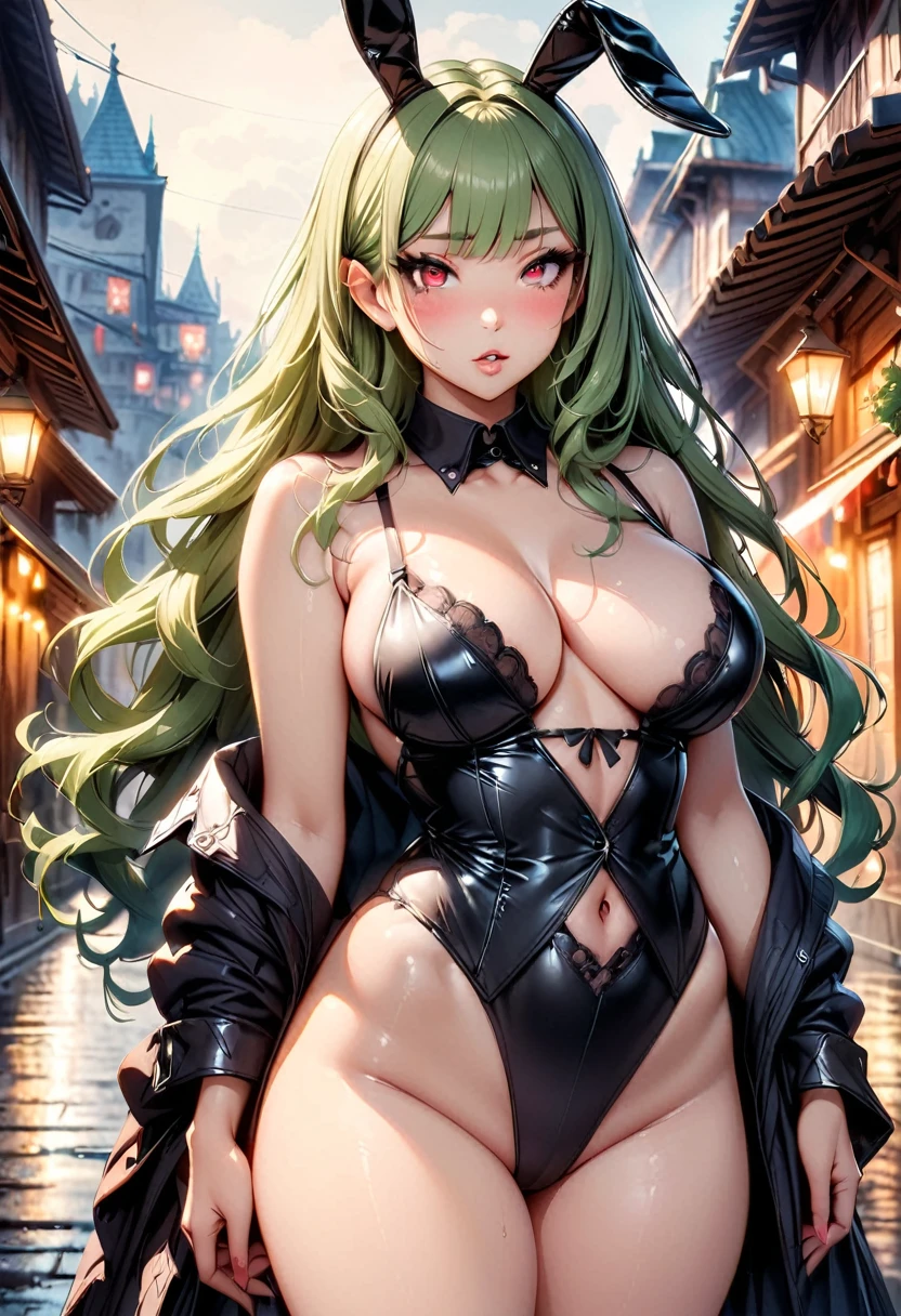 Ultra, high resolution, 1girl, solo, green hair, wavy hair, long hair, ((red eyes)), glowing eyes, sultry eyes, juicy lips, plump lips, glossy lips, soft blush, dolly face, eyelashes, eyeliner, large breasts, pale skin, ((black lingerie)), (one-piece lingerie), open clothes, cleavage, (bunny ears), realistic background, warm lightning, very detailed clothes, very detailed face, very detailed eyes, very detailed hair, ultra, best quality, masterpiece, looking at viewer, in love with the viewer, full body, posing seductively. 