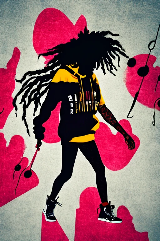 A background filled with scattered musical notes in various sizes and colors、
Creative logo illustration of a silhouette with dreadlocks and red headphones,
Banksy、
A background completely filled with scattered musical notes in various sizes and colors, covering the entire screen.
beautiful girl colorful image
Dance hiphop Dance CREW Waacking Dance
Punking
black medium hair black medium hair
Five fingers Baggy clothes Baggy clothes
HIPHOP crew、