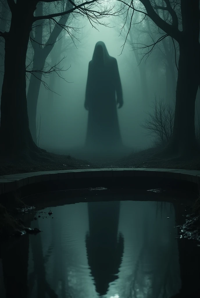 A shadowy figure visible in the reflection of the well’s water. The figure is indistinct, creating an eerie and unsettling image. The well is dimly lit, with the surroundings darkened to emphasize the mysterious nature of the reflection
