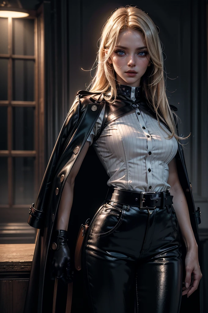 cowboy shot,a pretty 2 girl,blond hair,blue eyes,lora_Emma,slim athletic body,tight and stretched white blouse with buttons,button gap,short sleeves,pokies,ultra low rise black shiny latex pants,(double metal belt),empty studiobackground,((black coat on shoulders)),(best quality,4k,8k,highres,masterpiece:1.2),ultra-detailed,(realistic,photorealistic,photo-realistic:1.37),dramatic lighting,cinematic,fashion photography,studio lighting,high contrast,vivid colors,beautiful detailed eyes,beautiful detailed lips,extremely detailed eyes and face,long eyelashes, touching hair