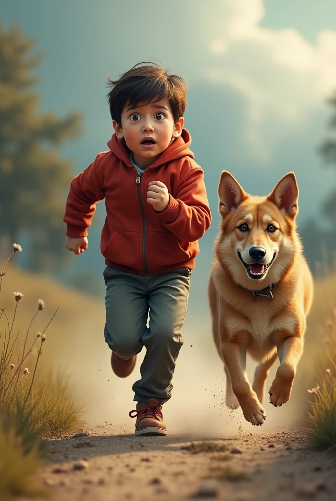 ((best quality)), ((masterpiece)), (detailed), perfect faceمنظر 3: Boy's Frightening The boy gets scared seeing the dog coming towards him. He starts running fast towards him 4.: The dog chases after the boy, the distance getting shorter. The boy tries to run faster.