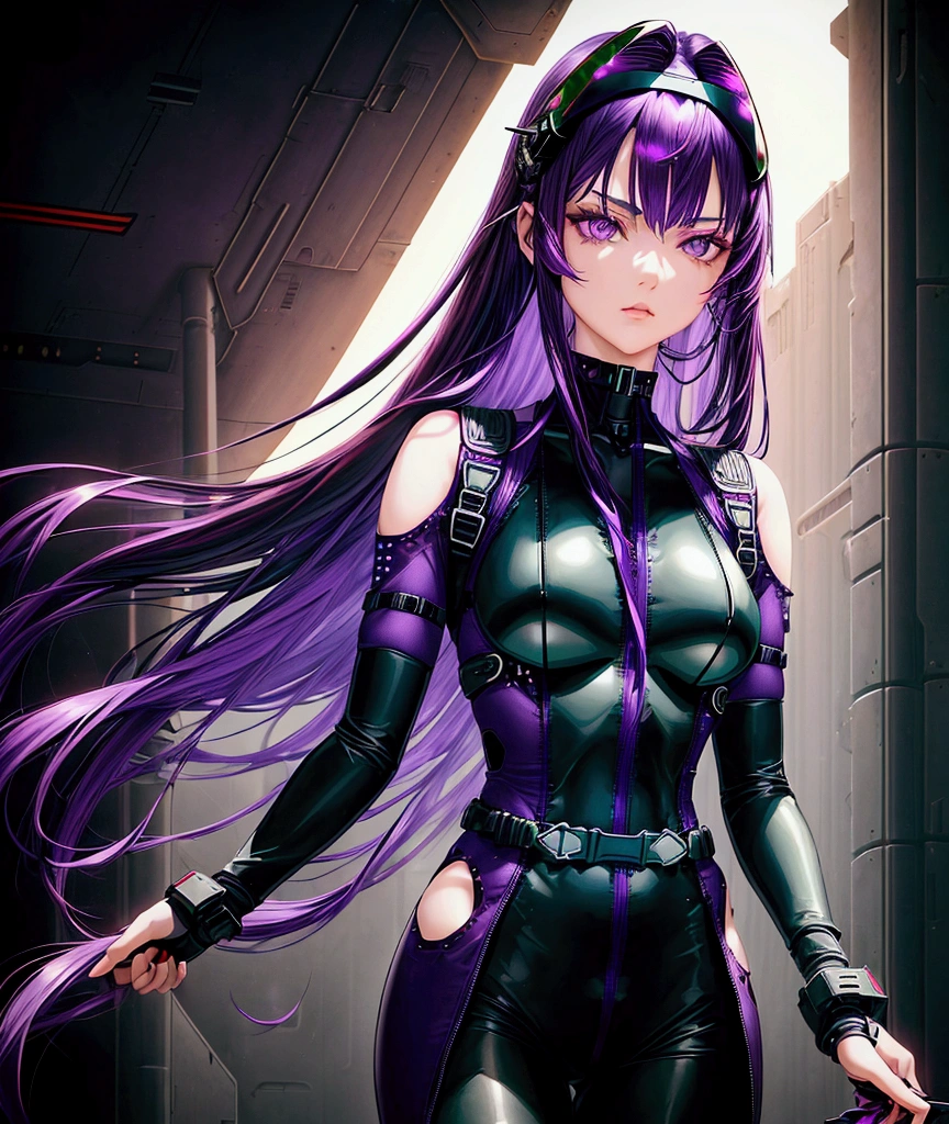 (a beautiful and cool girl), (purple eyes), (medium hair, straight hair, purple hair),(red under shirt), (dark green round shoulder reinforcement with holes), (black body suit with crossing belts and fittings on neck) (ace pilot), (science fiction)