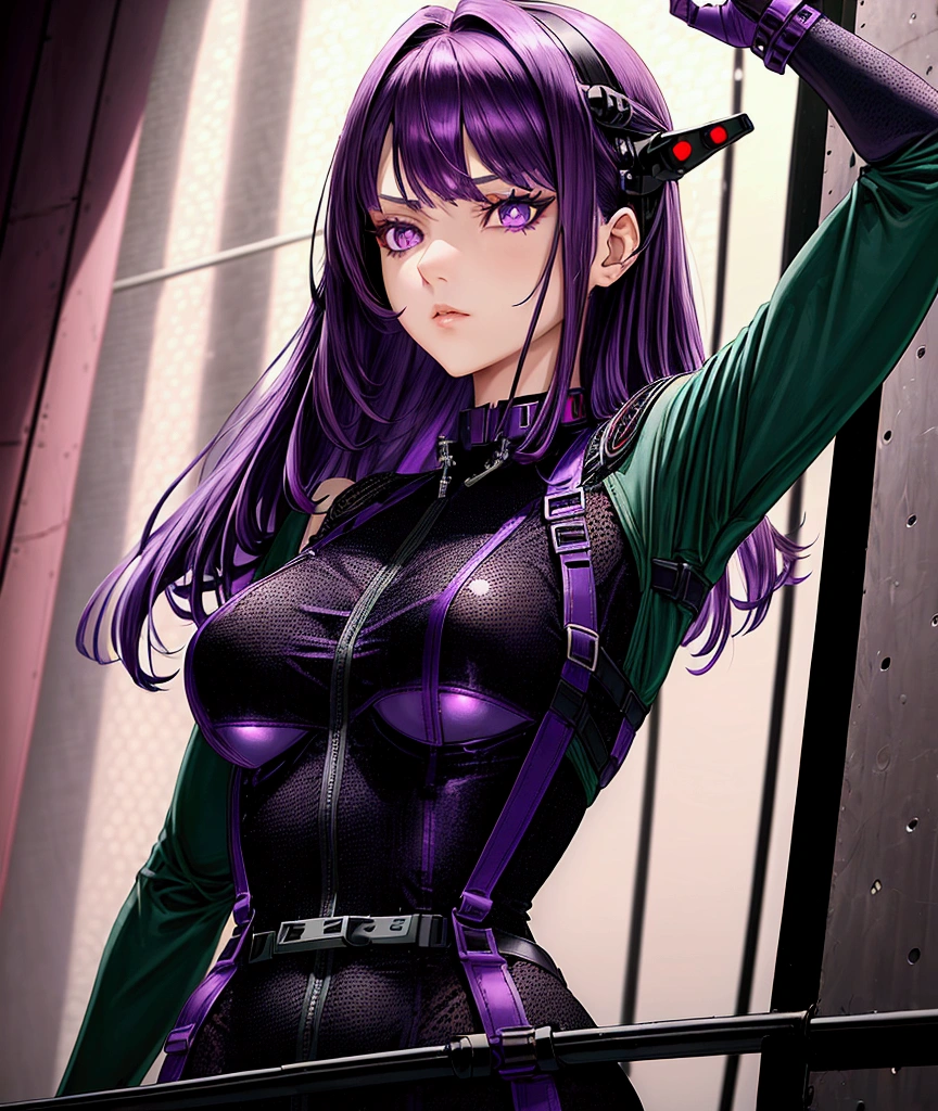 (a beautiful and cool girl), (purple eyes), (medium hair, straight hair, purple hair),(red under shirt), (dark green round shoulder reinforcement with holes), (black body suit with crossing belts and fittings on neck) (ace pilot), (science fiction)
