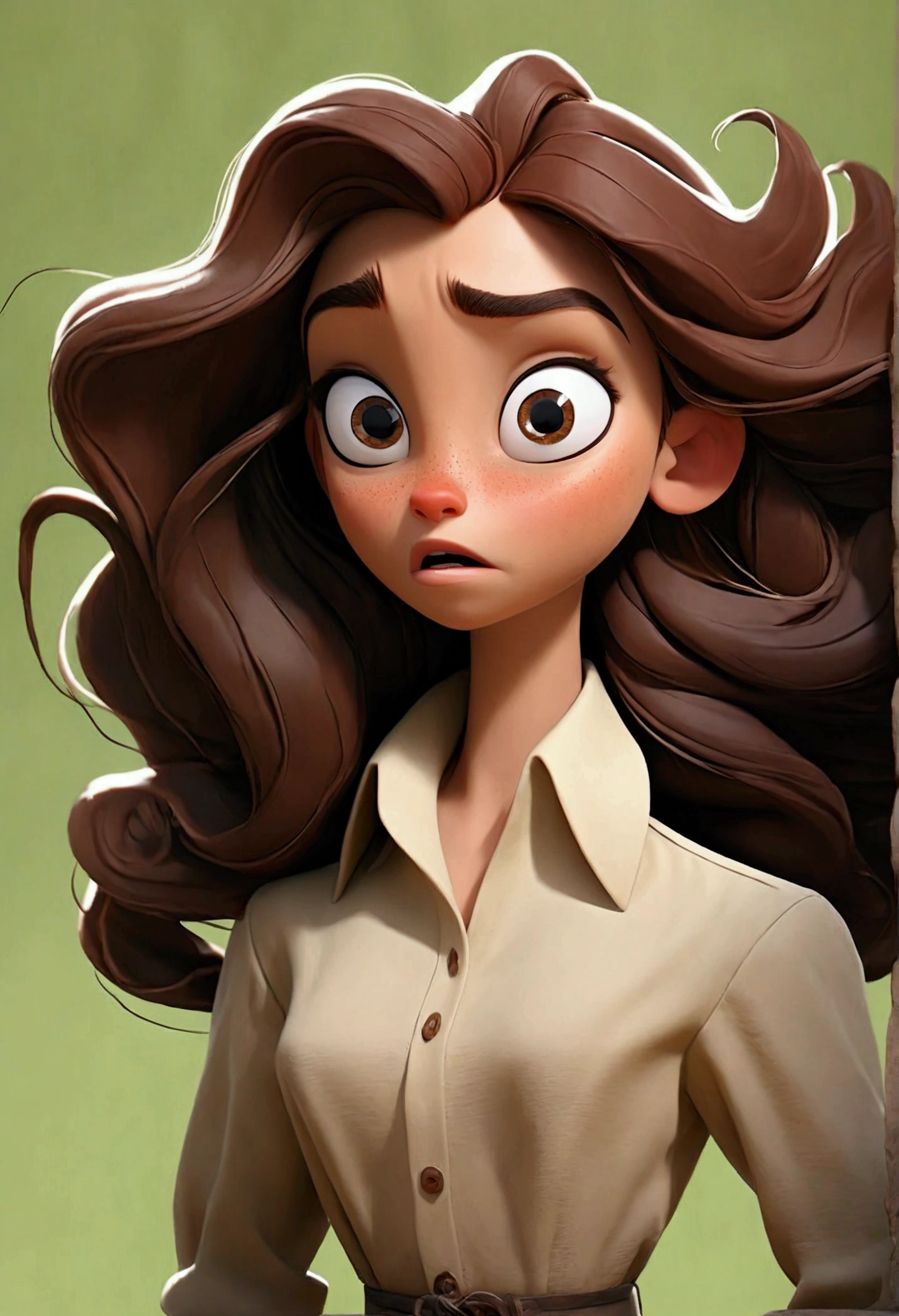 Create an image, in the style of drawing for book cover, of a young woman of about twenty-three years old with long hair, brown in color and wavy, green eyes and white skin, she must be in the arms of a man both with a slightly surprised expression, as if she had fallen and he had caught her before it happened. This man must look young too, with white skin and black hair, he must be tall and have an athletic body, broad shoulders and steady hands. Your face should be masculine with strong eyebrows and dark eyes.. Men's hair should be slightly wavy, almost smooth and black in color. She should be wearing a black pleated skirt above the knees with an ivory colored button-down long sleeve blouse., over the shirt she must be wearing a brown sleeveless sweater and tractor moccasin shoes, and he must be wearing a white button-down shirt tucked into his black pants, his shirt sleeves should be rolled up to about the elbow and a brown oxford dress shoe. The image should convey a youthful and fun air., She should look like a flustered young lady who is surprised by the situation and he should look like a firm, sarcastic man who is pleasantly surprised by the situation.