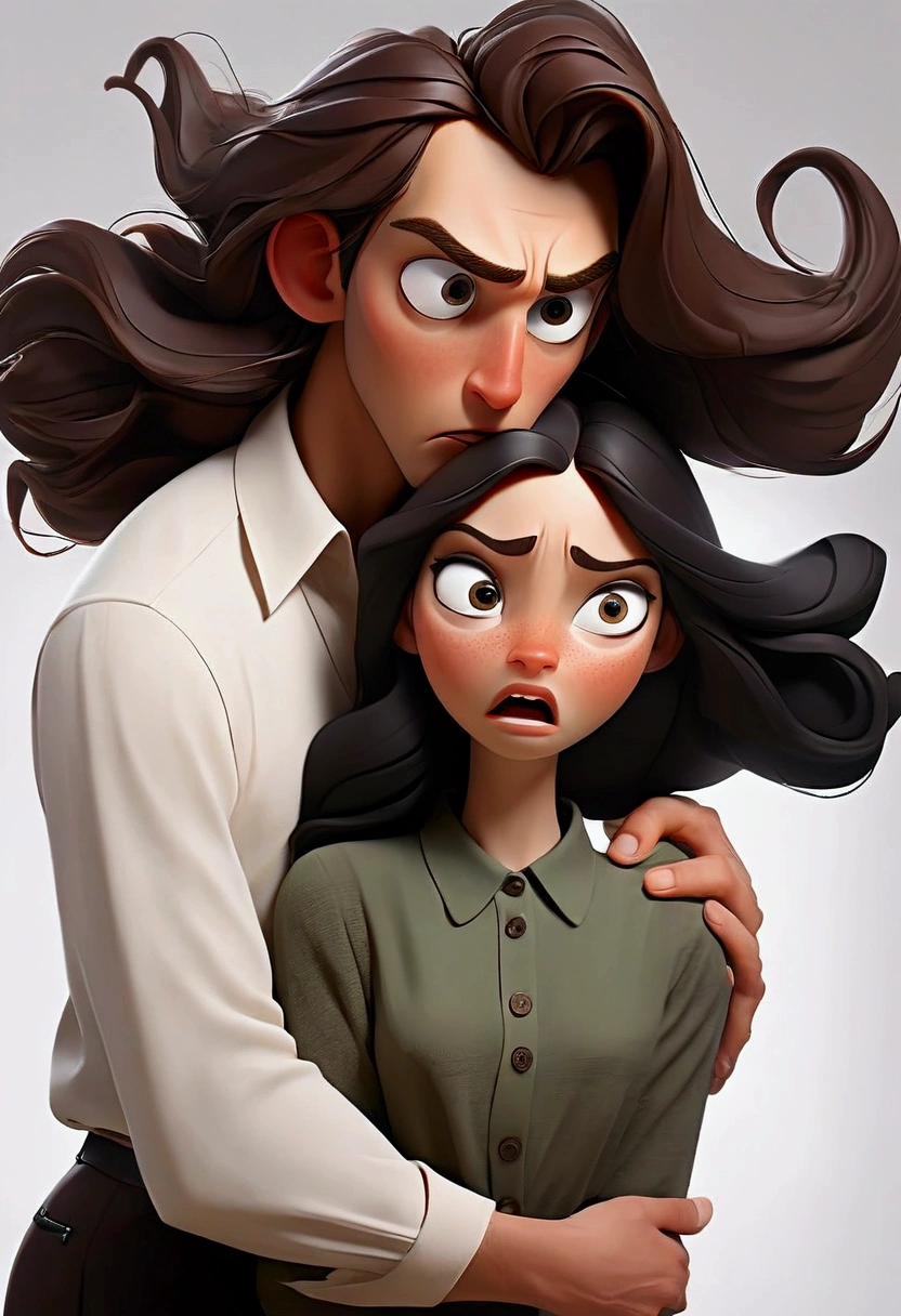 Create an image, in the style of drawing for book cover, of a young woman of about twenty-three years old with long hair, brown in color and wavy, green eyes and white skin, she must be in the arms of a man both with a slightly surprised expression, as if she had fallen and he had caught her before it happened. This man must look young too, with white skin and black hair, he must be tall and have an athletic body, broad shoulders and steady hands. Your face should be masculine with strong eyebrows and dark eyes.. Men's hair should be slightly wavy, almost smooth and black in color. She should be wearing a black pleated skirt above the knees with an ivory colored button-down long sleeve blouse., over the shirt she must be wearing a brown sleeveless sweater and tractor moccasin shoes, and he must be wearing a white button-down shirt tucked into his black pants, his shirt sleeves should be rolled up to about the elbow and a brown oxford dress shoe. The image should convey a youthful and fun air., She should look like a flustered young lady who is surprised by the situation and he should look like a firm, sarcastic man who is pleasantly surprised by the situation.