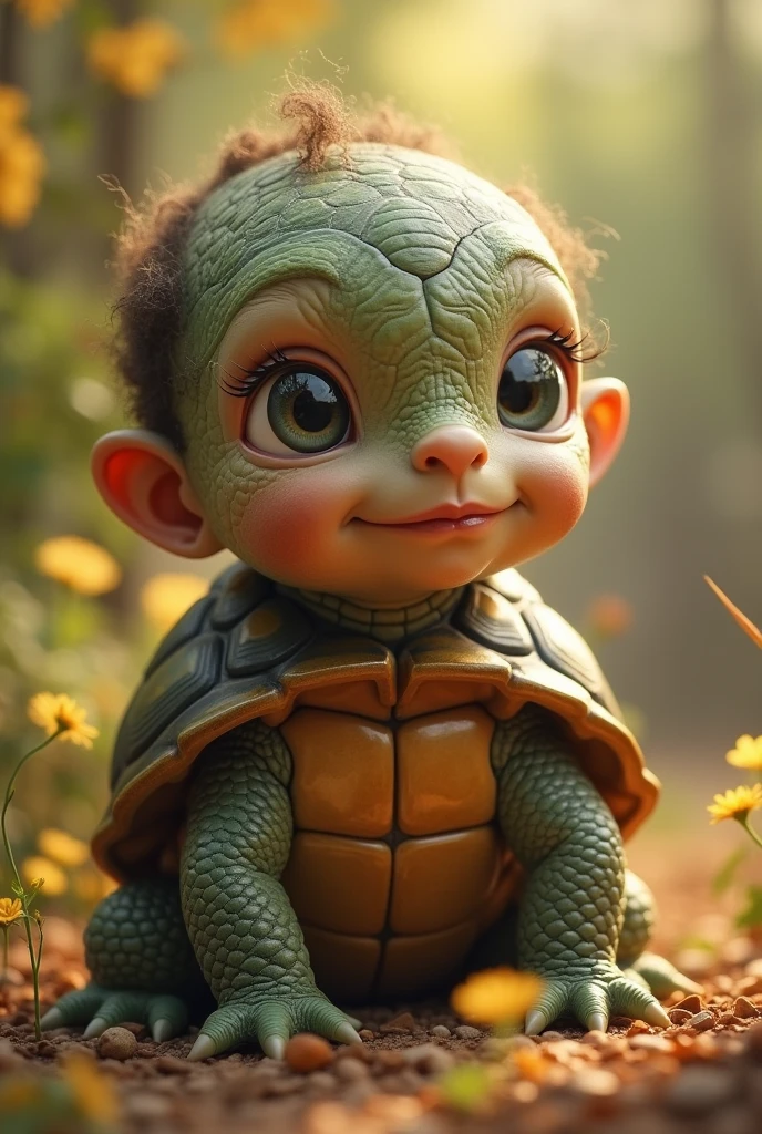 Baby human with turtles face and curly hair