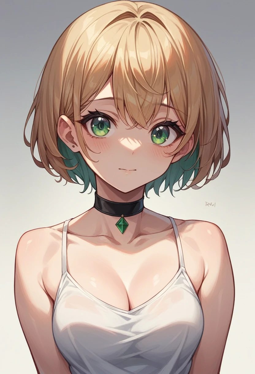 (Highest quality)、(Highest quality)、cute、(choker).eyes are emerald、Short Bob、