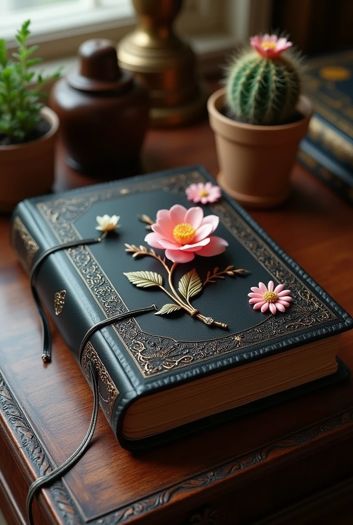 Vintage black diary with 3D small flowers and cactus that a princess will have