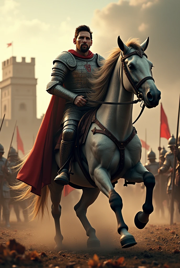 messi is driving a horse as a fighter in the year 1000.