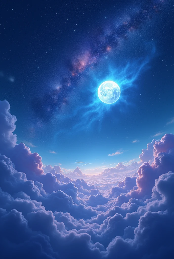 Blue and purple cloudy night sky with a big moon, shooting stars, and milky way