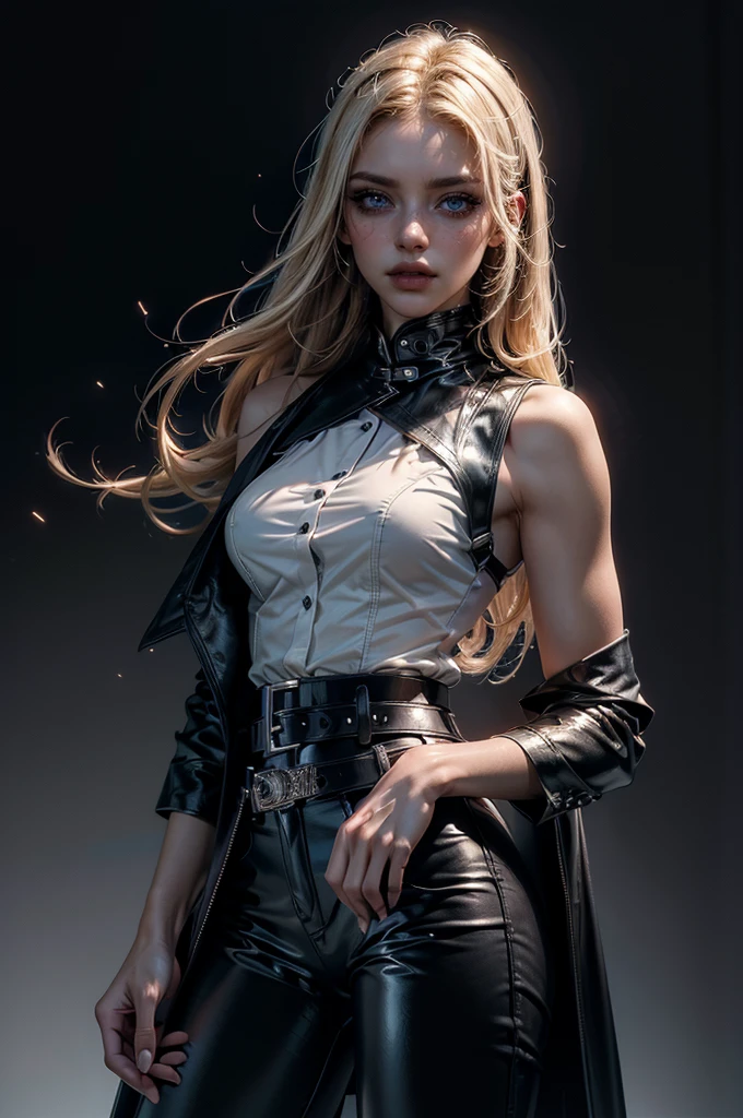 cowboy shot,a pretty 2 girl,blond hair,blue eyes,lora_Emma,slim athletic body,tight and stretched white blouse with buttons,button gap,short sleeves,pokies,ultra low rise black shiny latex pants,(double metal belt),empty studiobackground,((black coat on shoulders)),(best quality,4k,8k,highres,masterpiece:1.2),ultra-detailed,(realistic,photorealistic,photo-realistic:1.37),dramatic lighting,cinematic,fashion photography,studio lighting,high contrast,vivid colors,beautiful detailed eyes,beautiful detailed lips,extremely detailed eyes and face,long eyelashes, touching hair