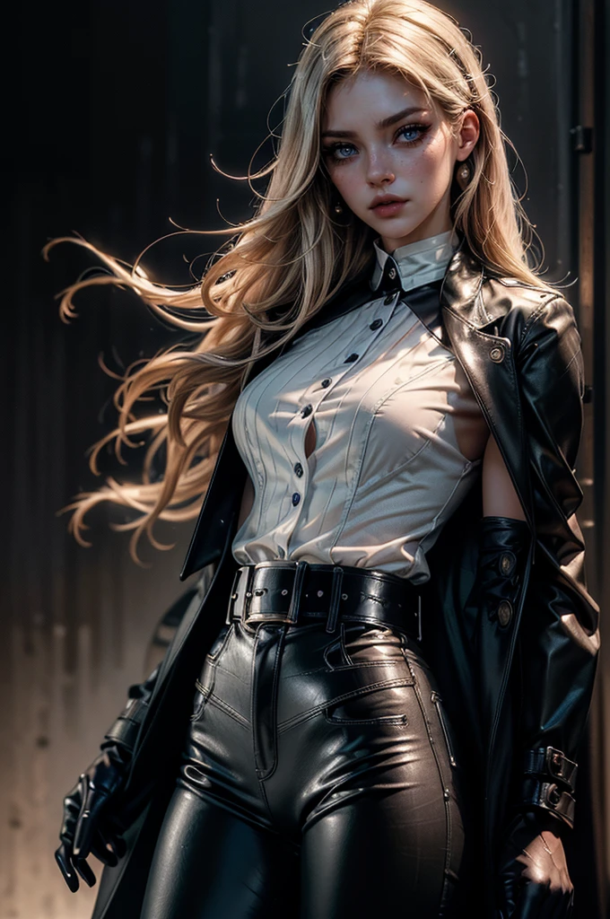 cowboy shot,a pretty 2 girl,blond hair,blue eyes,lora_Emma,slim athletic body,tight and stretched white blouse with buttons,button gap,short sleeves,pokies,ultra low rise black shiny latex pants,(double metal belt),empty studiobackground,((black coat on shoulders)),(best quality,4k,8k,highres,masterpiece:1.2),ultra-detailed,(realistic,photorealistic,photo-realistic:1.37),dramatic lighting,cinematic,fashion photography,studio lighting,high contrast,vivid colors,beautiful detailed eyes,beautiful detailed lips,extremely detailed eyes and face,long eyelashes, touching hair